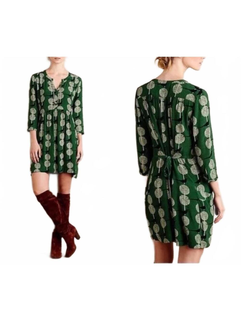 Anthropologie Maeve Devery Tunic Green Bird Tree Dress size Small